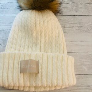 Calvin Klein Kids Ivory Knit Hat with Brown Pom Pom